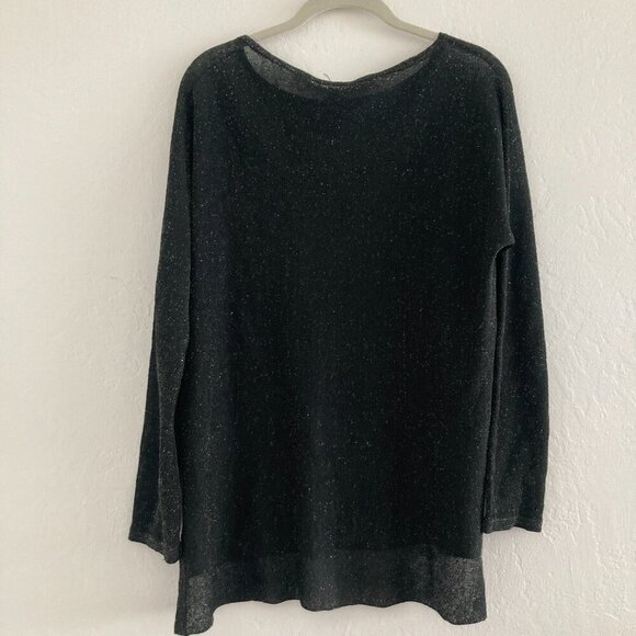 Eileen Fisher Linen Blend Crepe Sparkle Black Shirt Long Sleeve Boat Neck Party - Picture 4 of 11